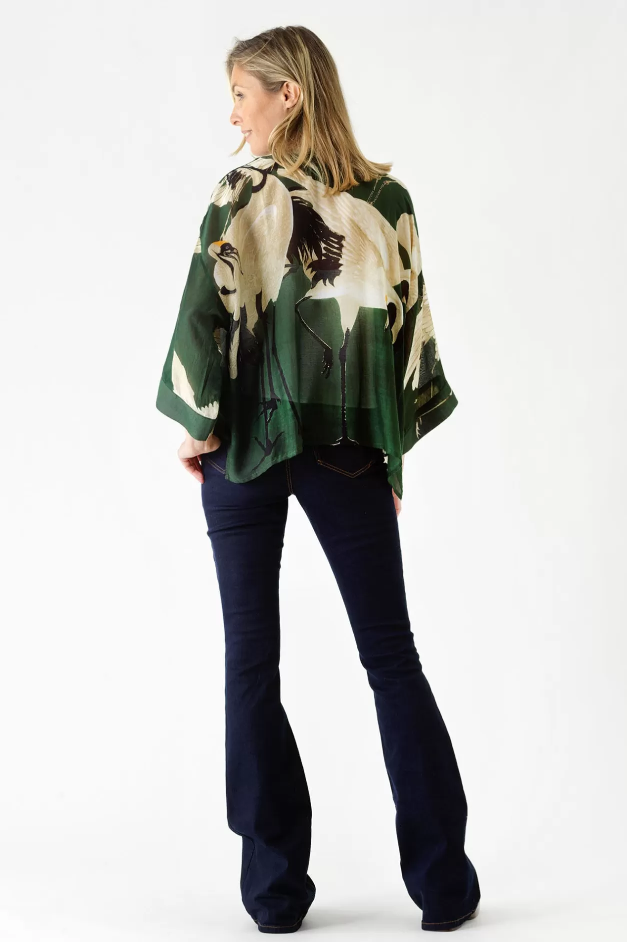 Women One Hundred Stars Stork Forest Green Kimono