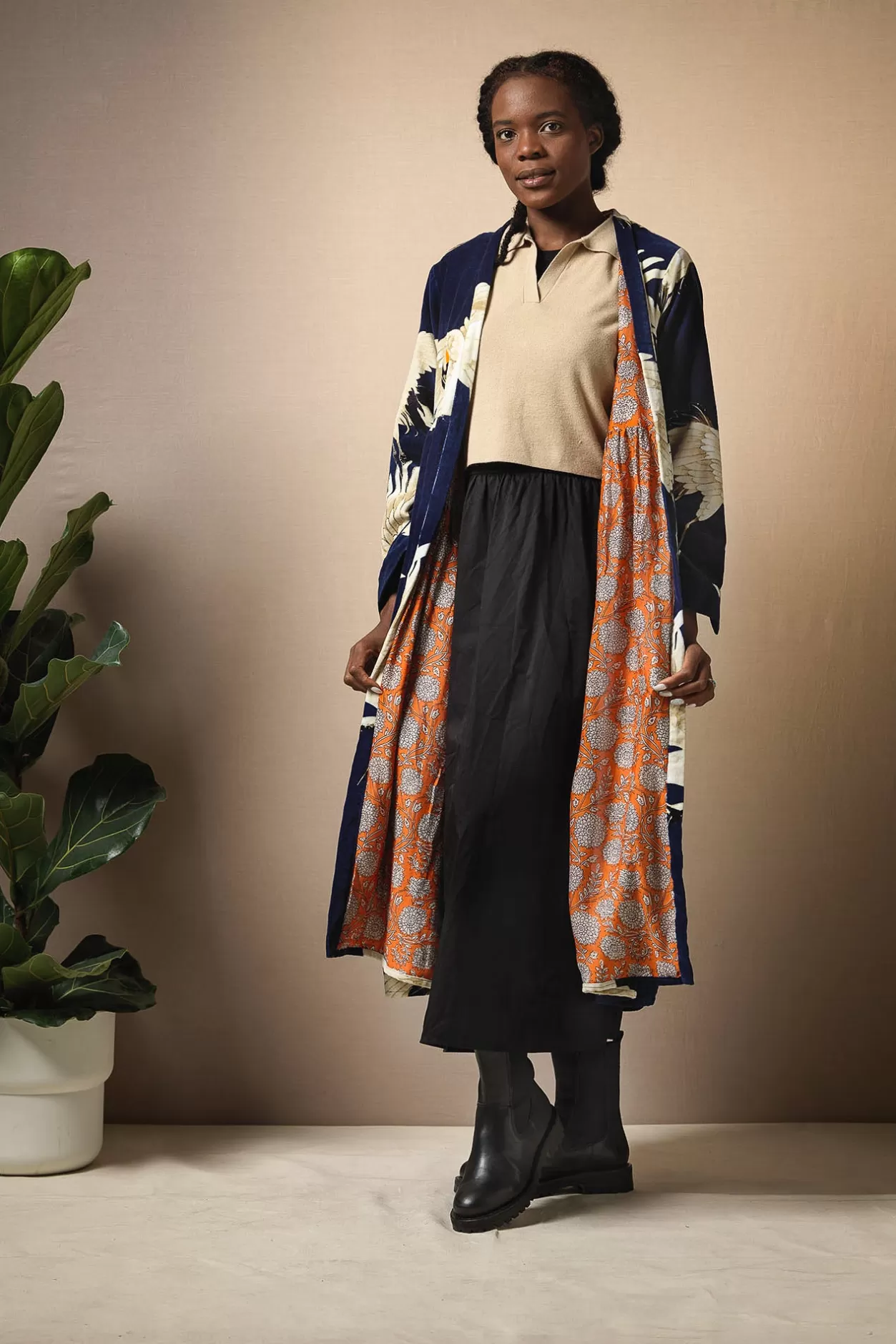 Women One Hundred Stars Stork Navy Velvet Duster Coat